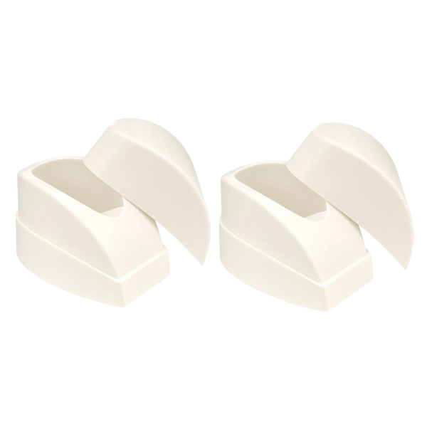 Two white plastic wall hooks with adhesive backing.