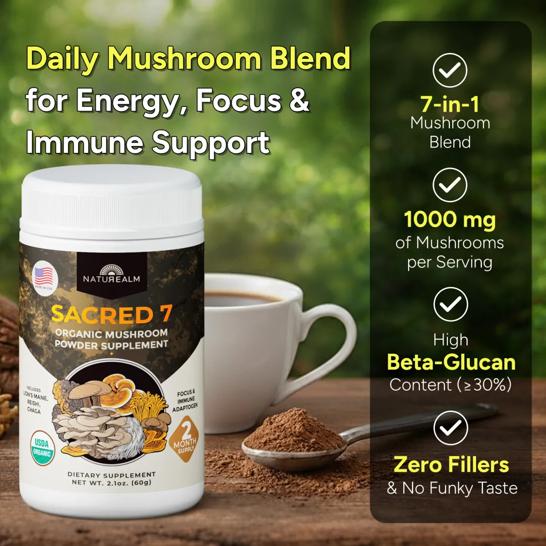 An advertisement for Sacred 7 mushroom powder with the jar next to a coffee mug and a spoonful of powder.