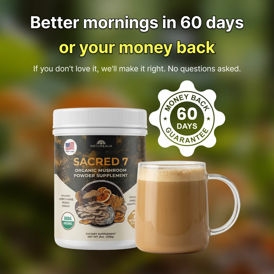 A tub of Sacred 7 mushroom powder next to a glass mug with a frothy beverage.