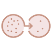 Illustration of two connected circular shapes with dots and an arrow.