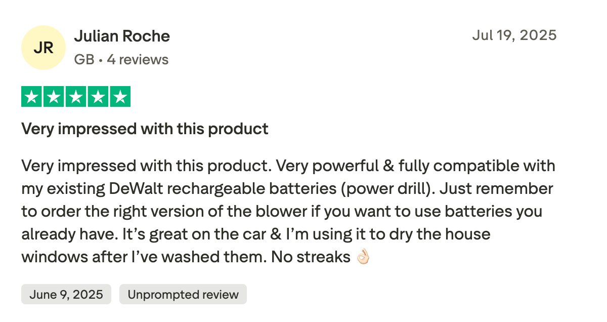 Product review with five stars, user details, and feedback comments.