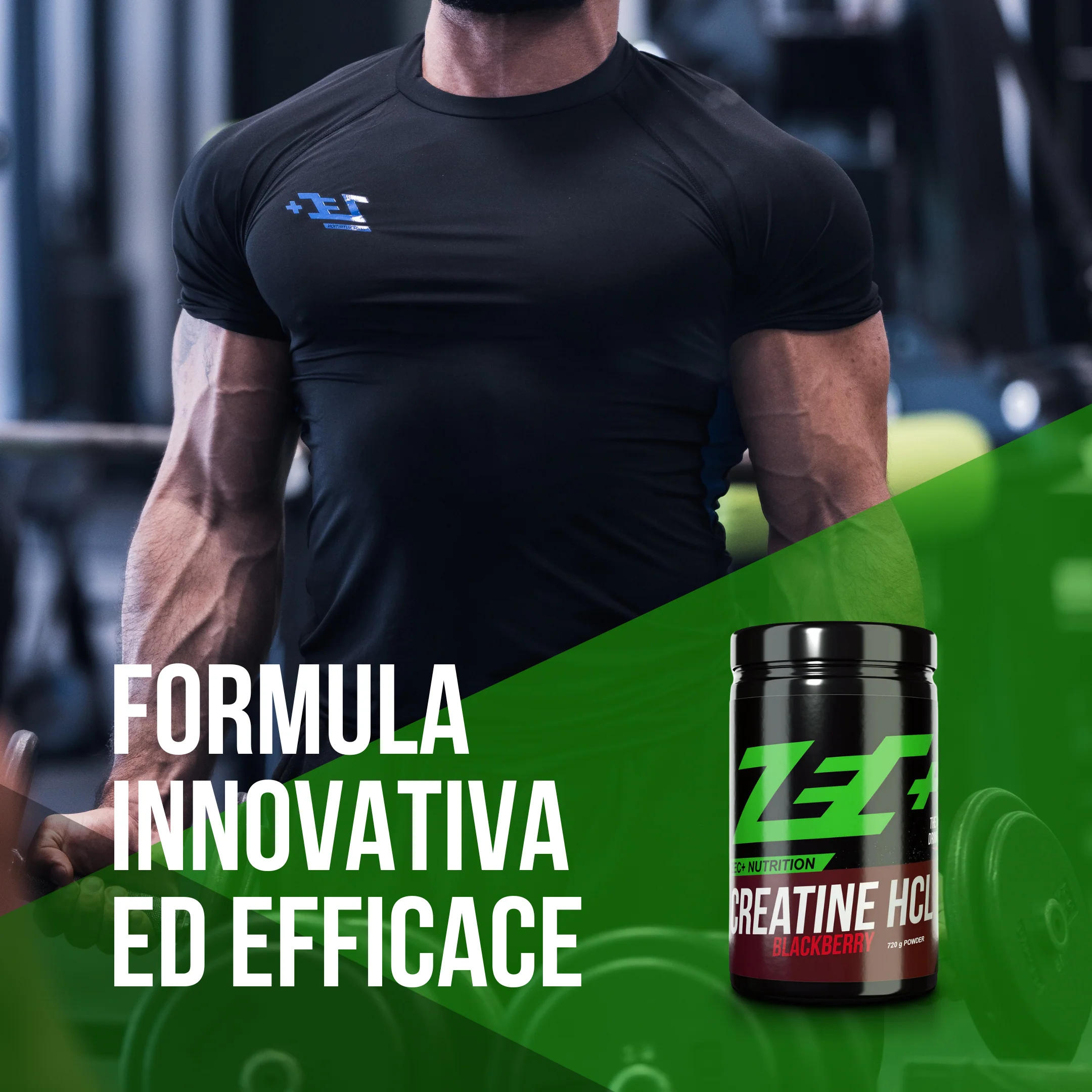 Muscular person in gym with creatine supplement and Italian text overlay.