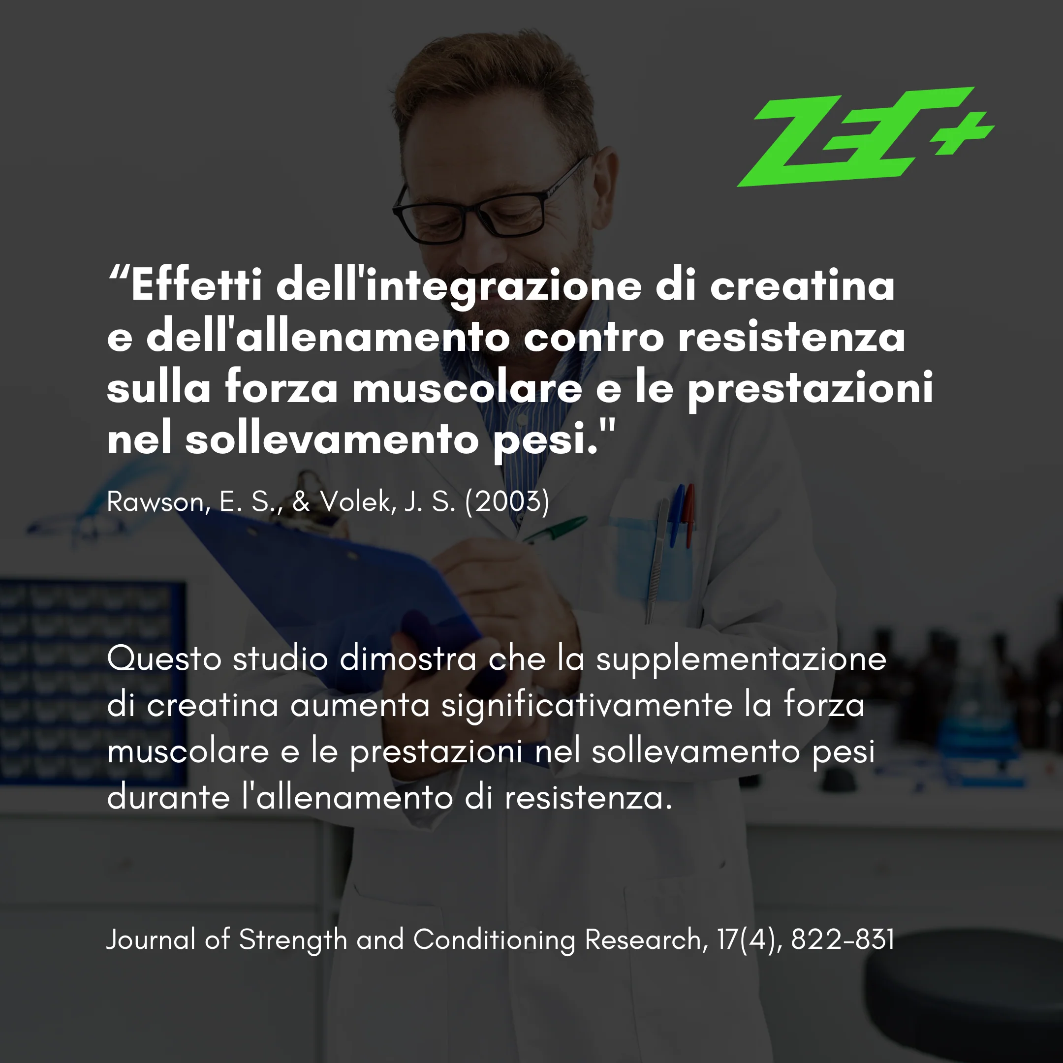 Scientist in a lab coat reading a clipboard with text overlay about creatine and muscle strength.