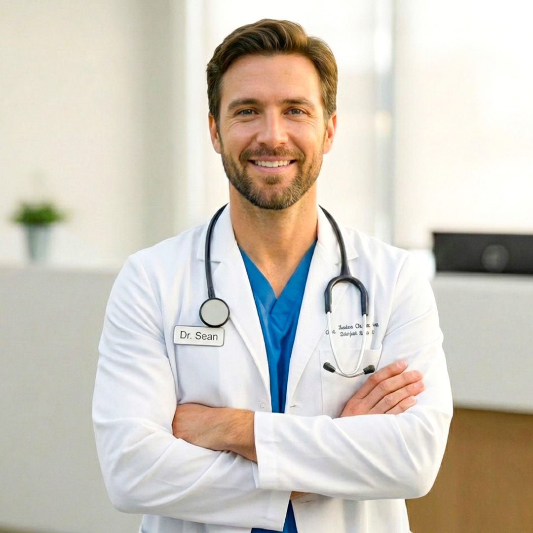 A smiling male doctor in a white coat and stethoscope stands with his arms crossed.