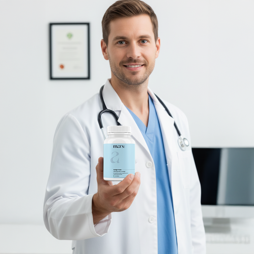 A smiling male doctor in a white coat holds up a white bottle with a light blue label.