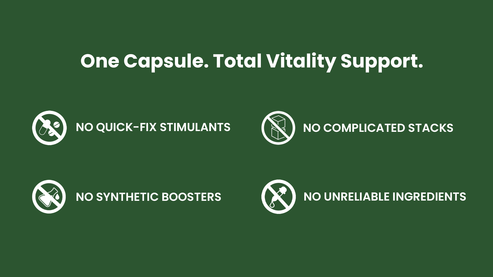 A green graphic with the text 'One Capsule. Total Vitality Support.' and four icons listing product exclusions.