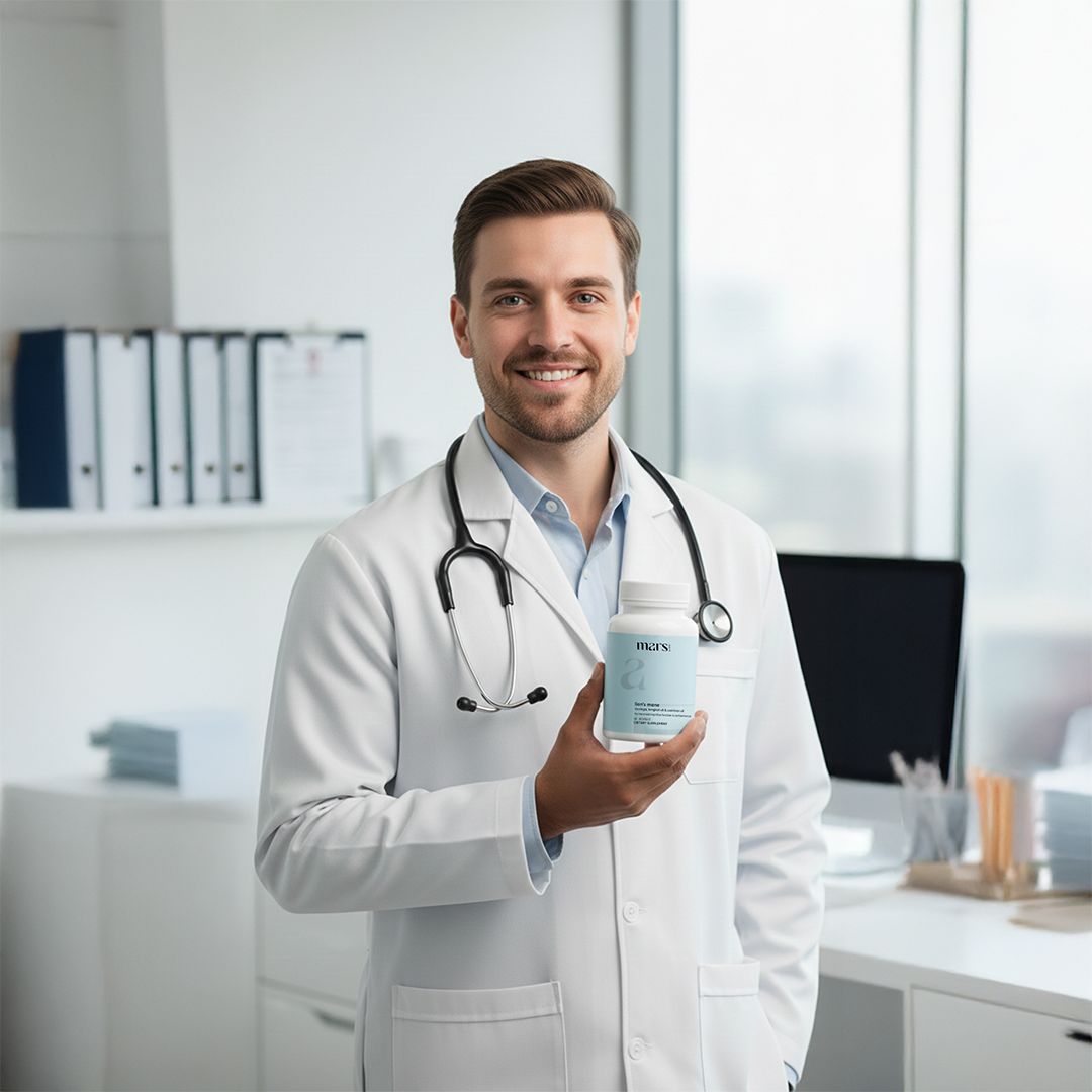 A smiling male doctor in a white coat and stethoscope holds up a bottle of supplements in an office.