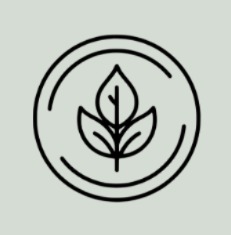 A black line icon of a plant with leaves inside a double circle on a gray-green background.