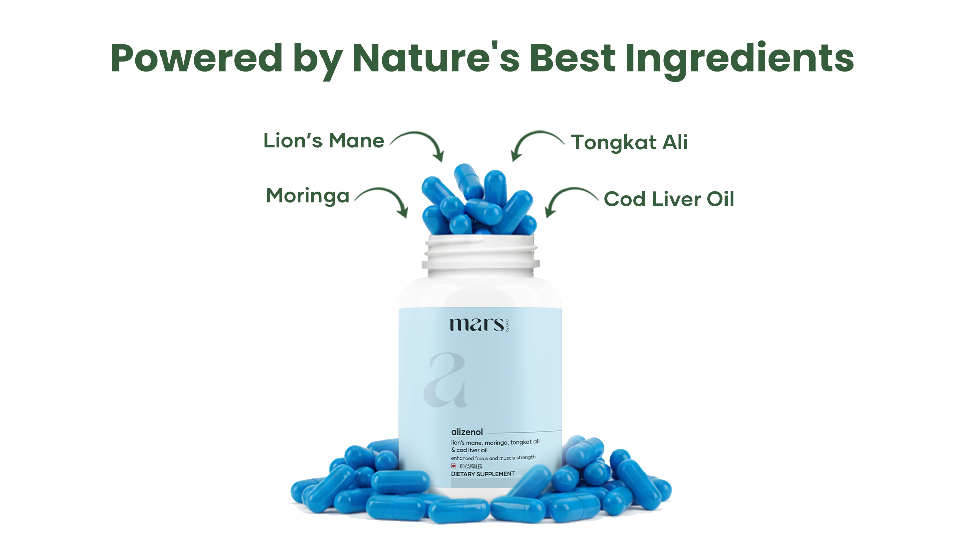 A bottle of Mars Alizenol dietary supplement with blue capsules, showing its ingredients: Lion's Mane, Moringa, Tongkat Ali, Cod Liver Oil.