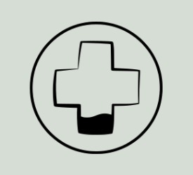A hand-drawn icon of a medical cross inside a circle, with the bottom portion filled in black.
