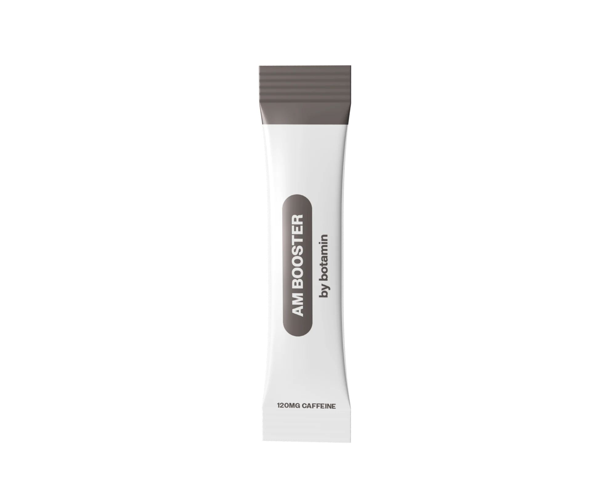 A white single-serving packet of AM BOOSTER by betamin, a supplement containing 120mg of caffeine.
