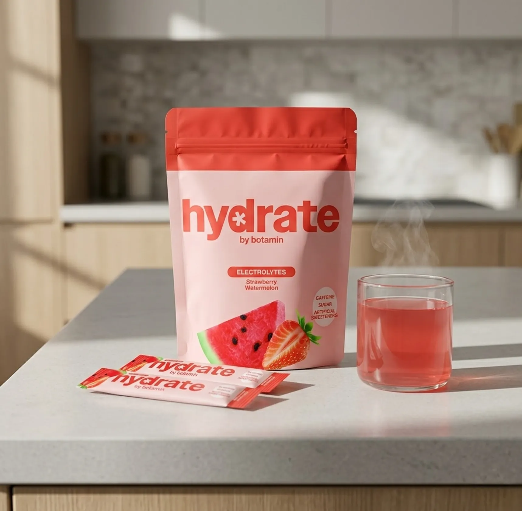 A pouch of Hydrate by Botamin electrolyte mix with packets and a glass of the drink on a counter.