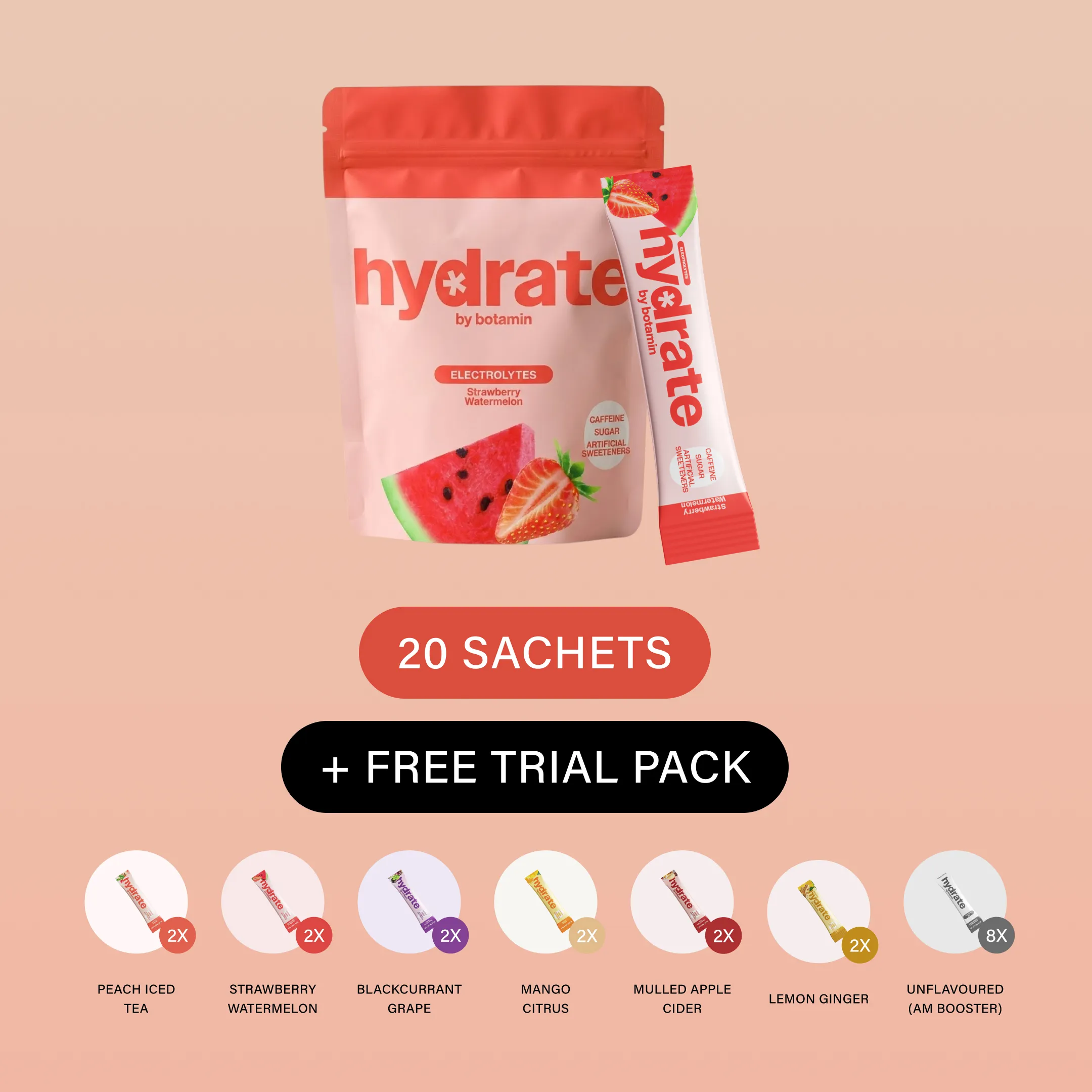 An advertisement for Hydrate by Botamin electrolyte drink mix, showing a 20-sachet pack and a free trial pack.