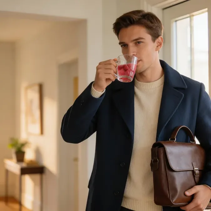 A man in a coat holds a briefcase and drinks from a clear mug with raspberries in it.