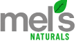 The logo for Mel's Naturals, with a green leaf as the apostrophe.