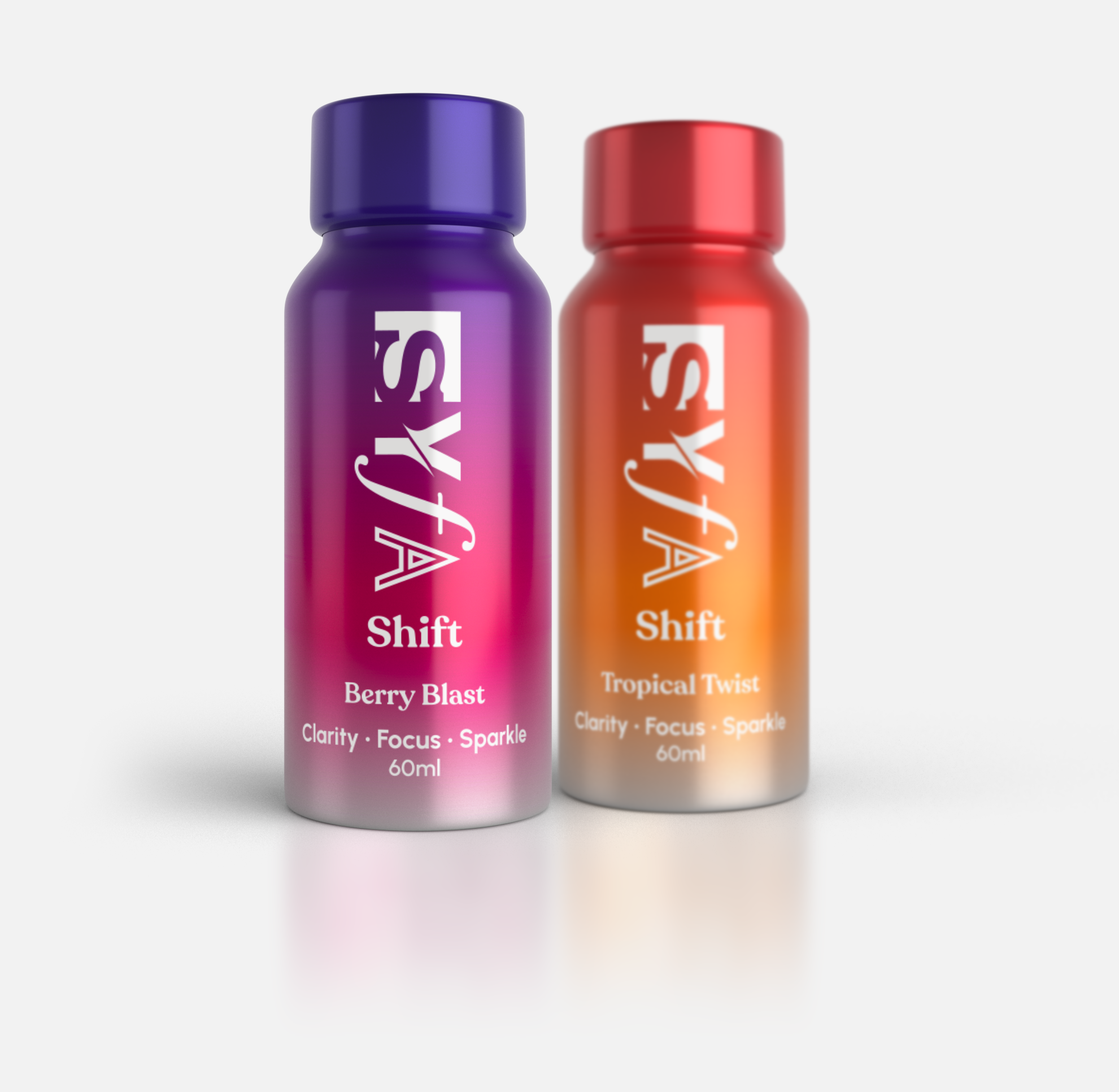Two colorful bottles labeled 'Shift' with flavors Berry Blast and Tropical Twist.