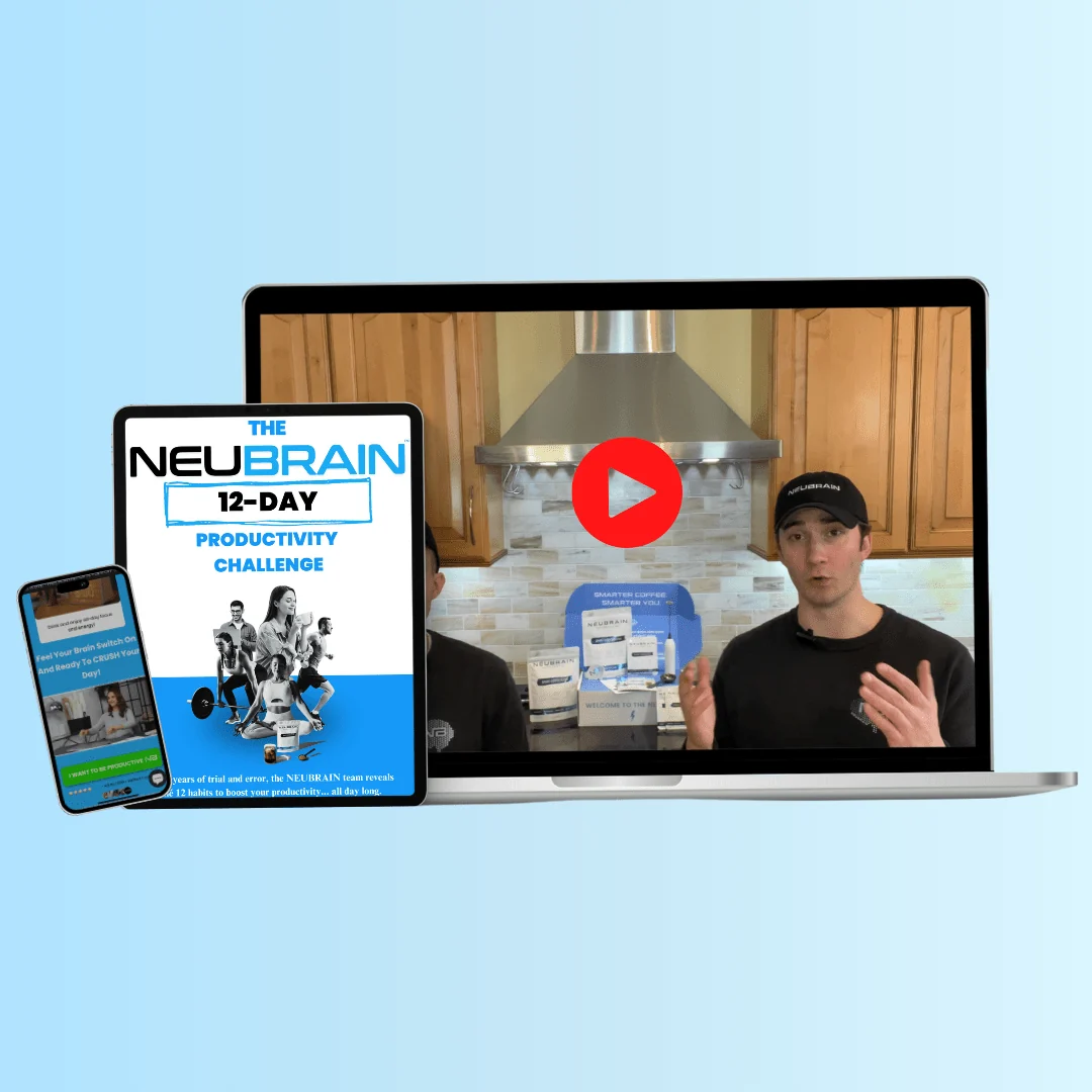 A laptop, tablet, and smartphone displaying promotional materials for the NEUBRAIN 12-Day Productivity Challenge.