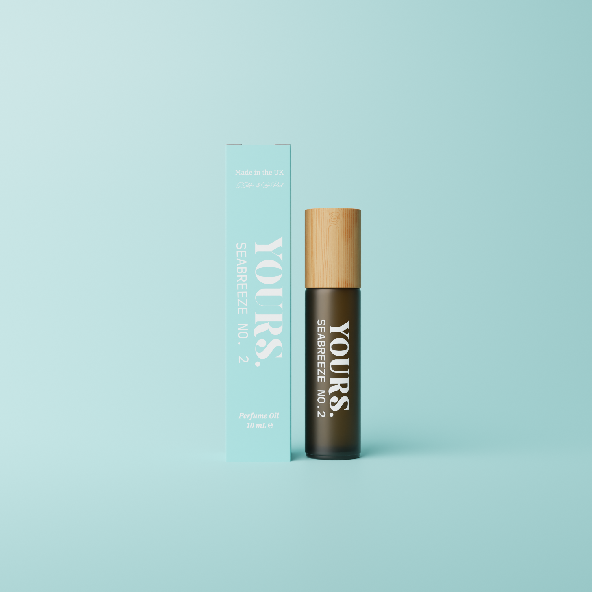 Perfume bottle labeled 'YOURS' with box on light blue background.