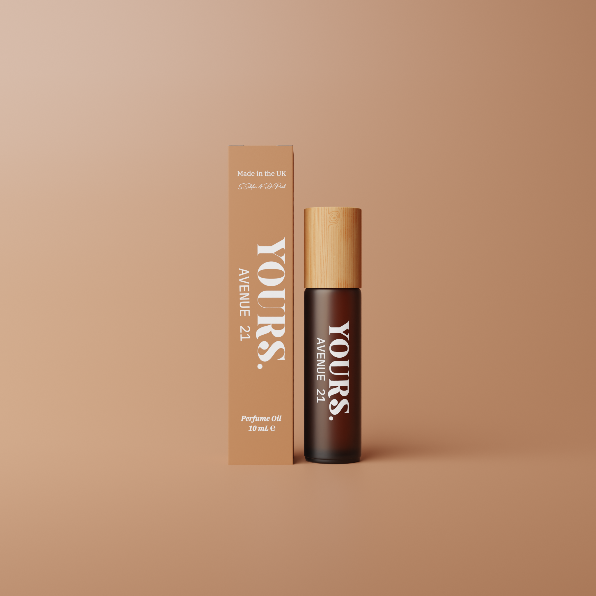 Perfume bottle and box labeled 'YOURS AVENUE 21' on a beige background.
