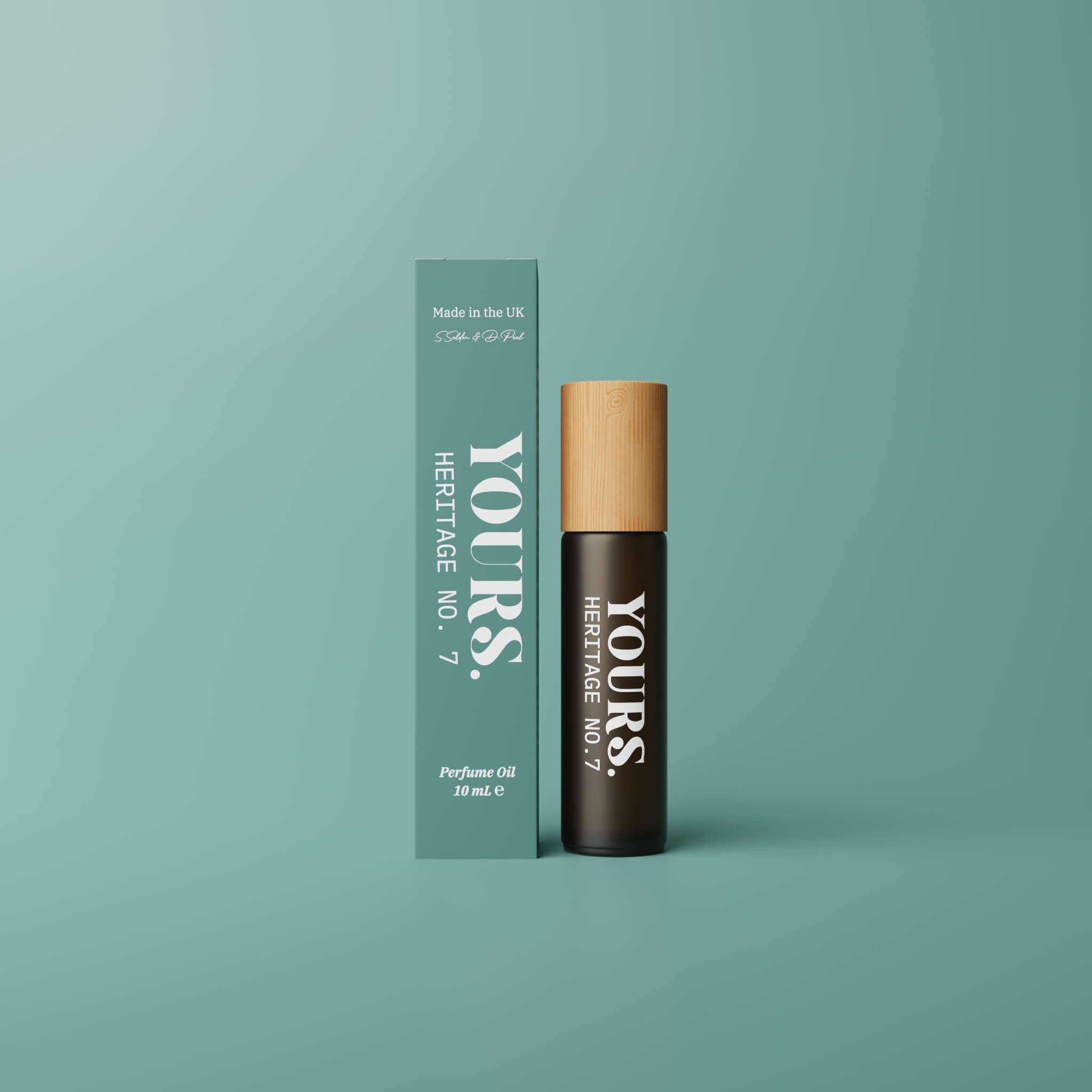 Perfume bottle with box labeled 'Yours Heritage No. 7' against teal background.