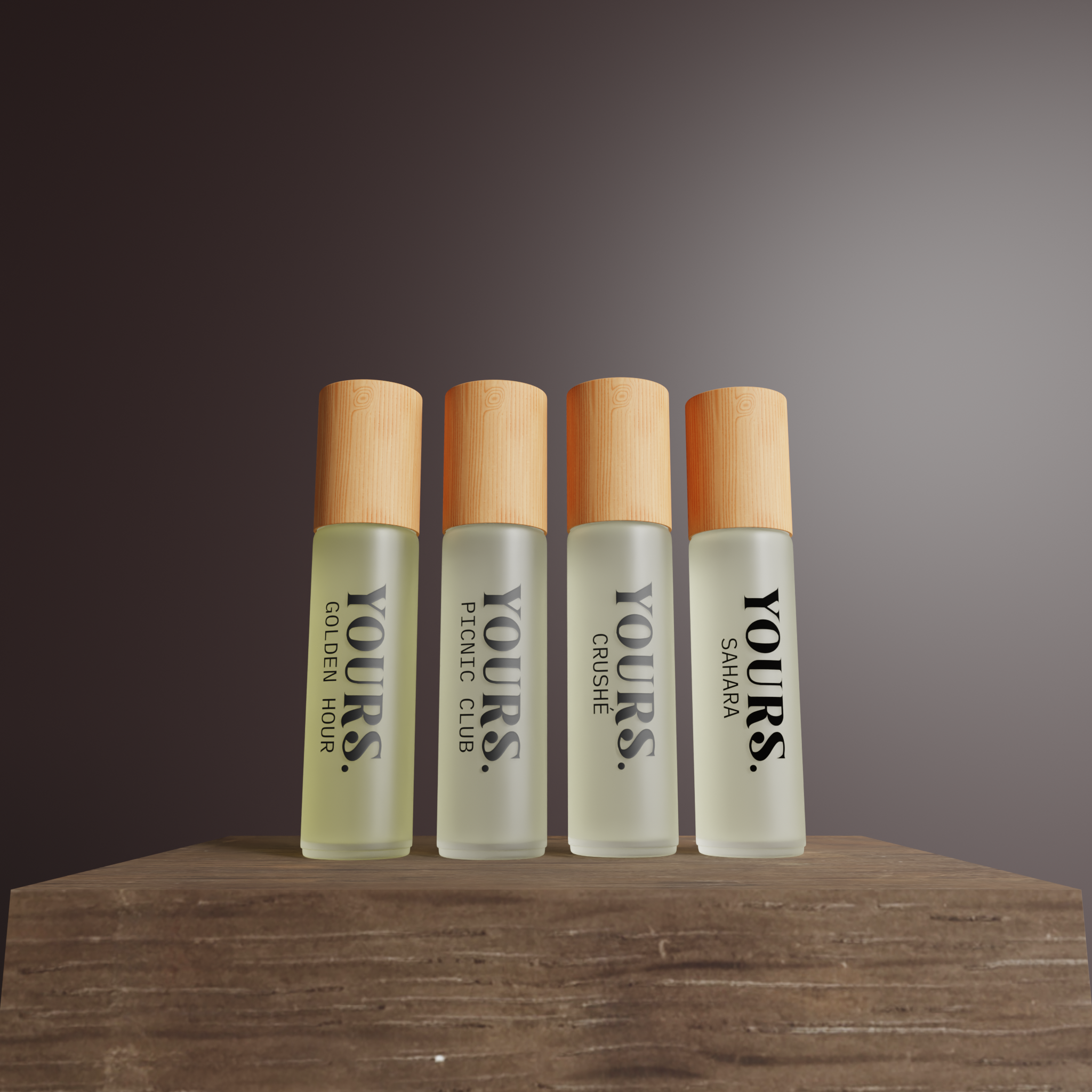 Four frosted perfume bottles with wooden caps on a wooden surface.