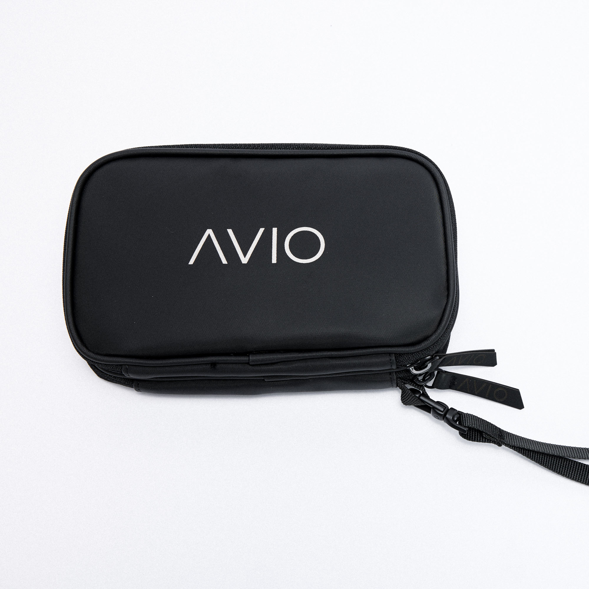 Black zippered pouch with 'AVIO' printed on it.