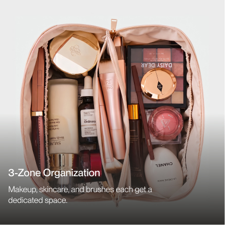 A top-down view of an open pink cosmetic bag with neatly organized makeup and skincare products.