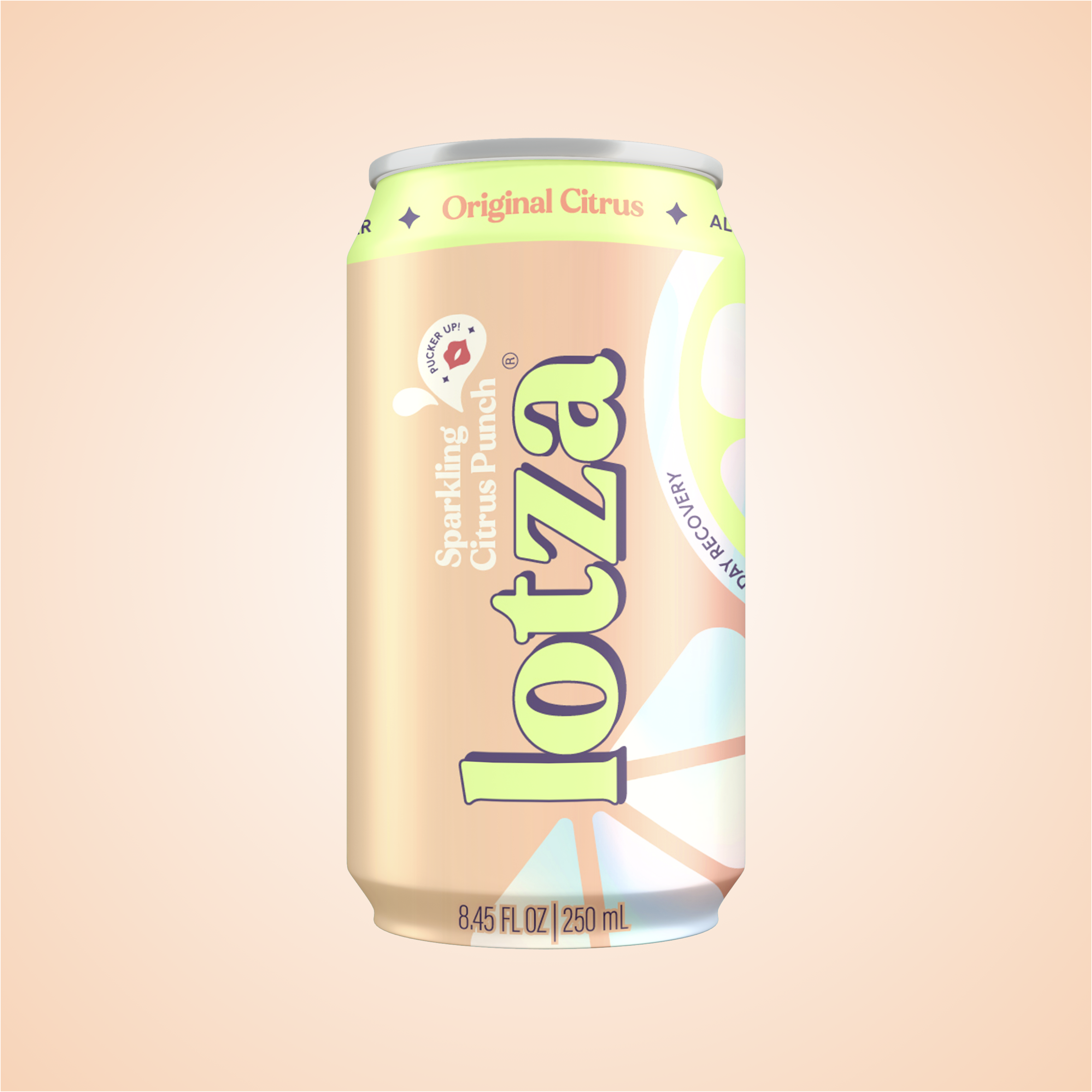 A can of 'lotza' sparkling citrus punch on a light background.