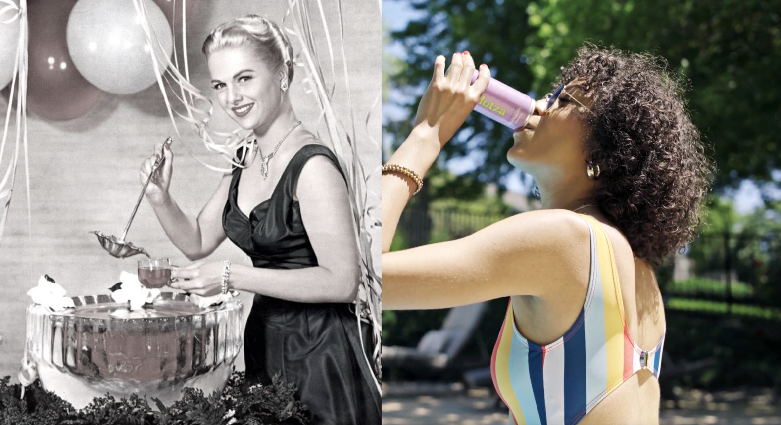 Two women enjoying drinks in different settings; one indoors, one outdoors.