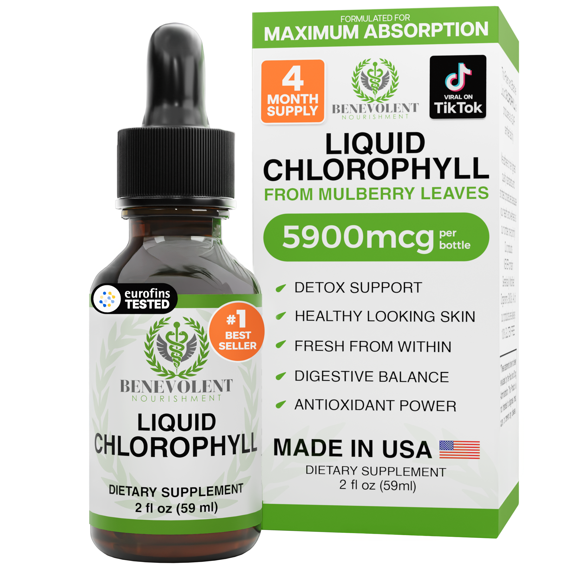 A dropper bottle of Benevolent Nourishment Liquid Chlorophyll dietary supplement next to its white and green product box.