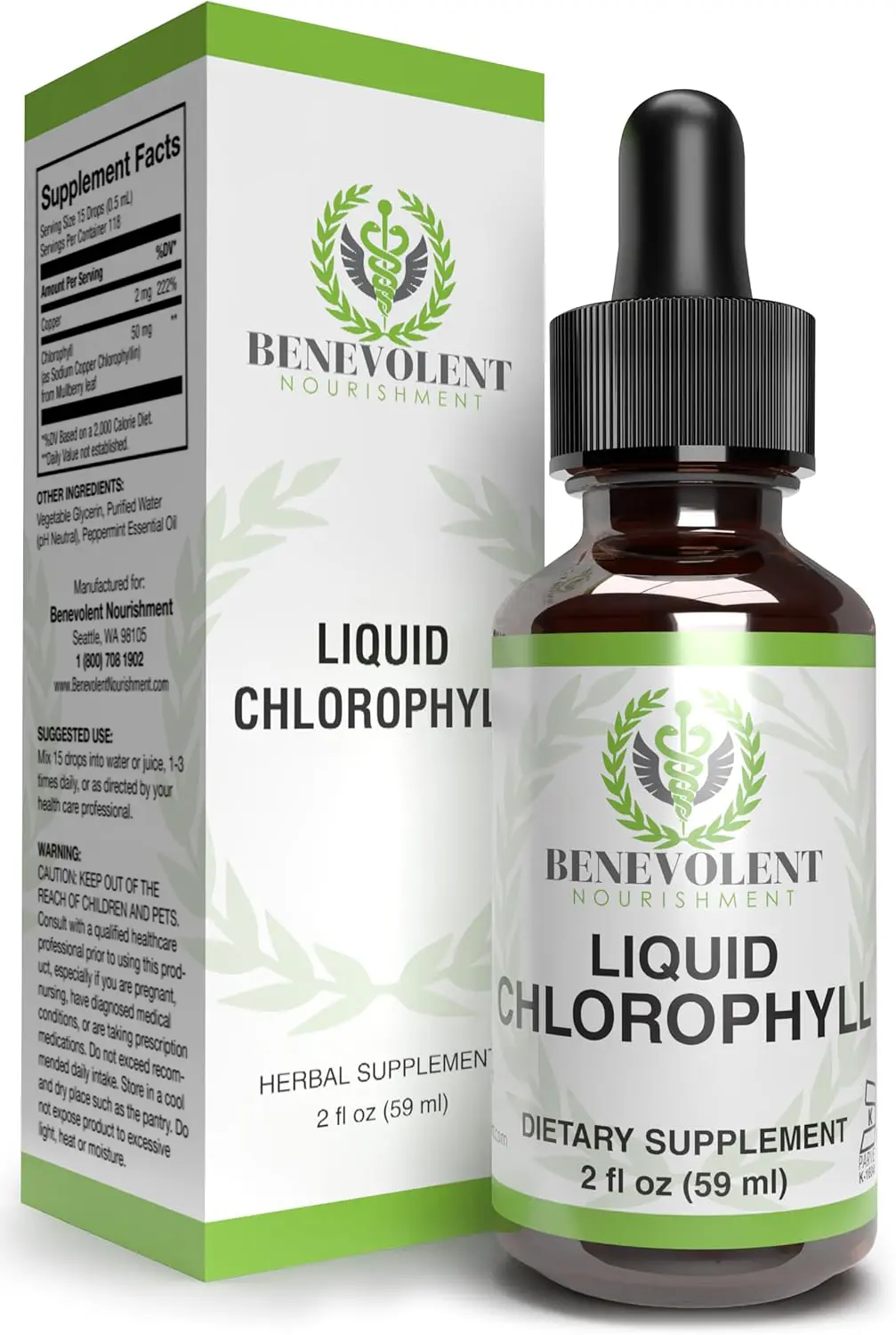 A bottle of Benevolent Nourishment Liquid Chlorophyll supplement sits next to its outer product box.