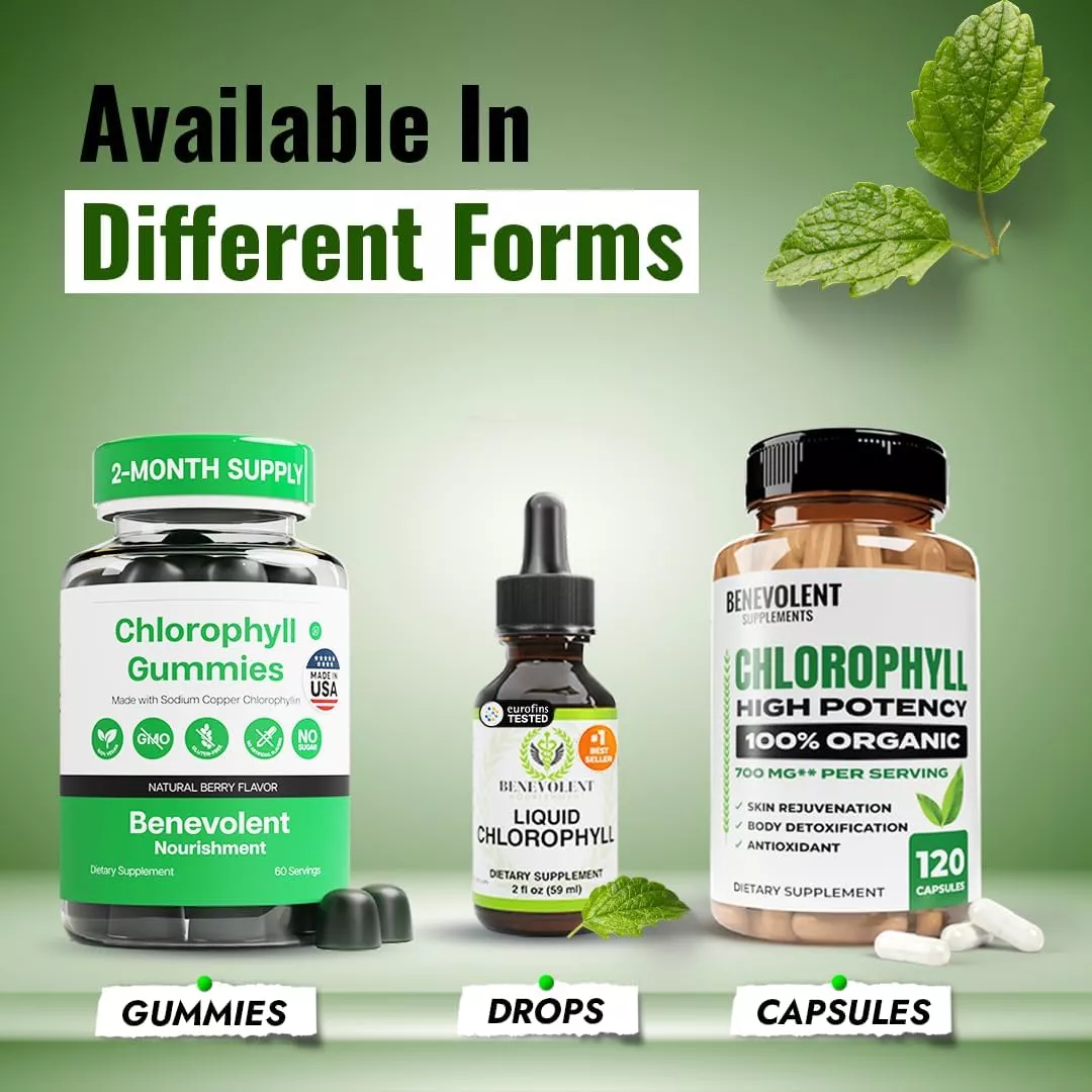 A smiling woman holds up a bottle of Benevolent Nourishment Liquid Chlorophyll dietary supplement.