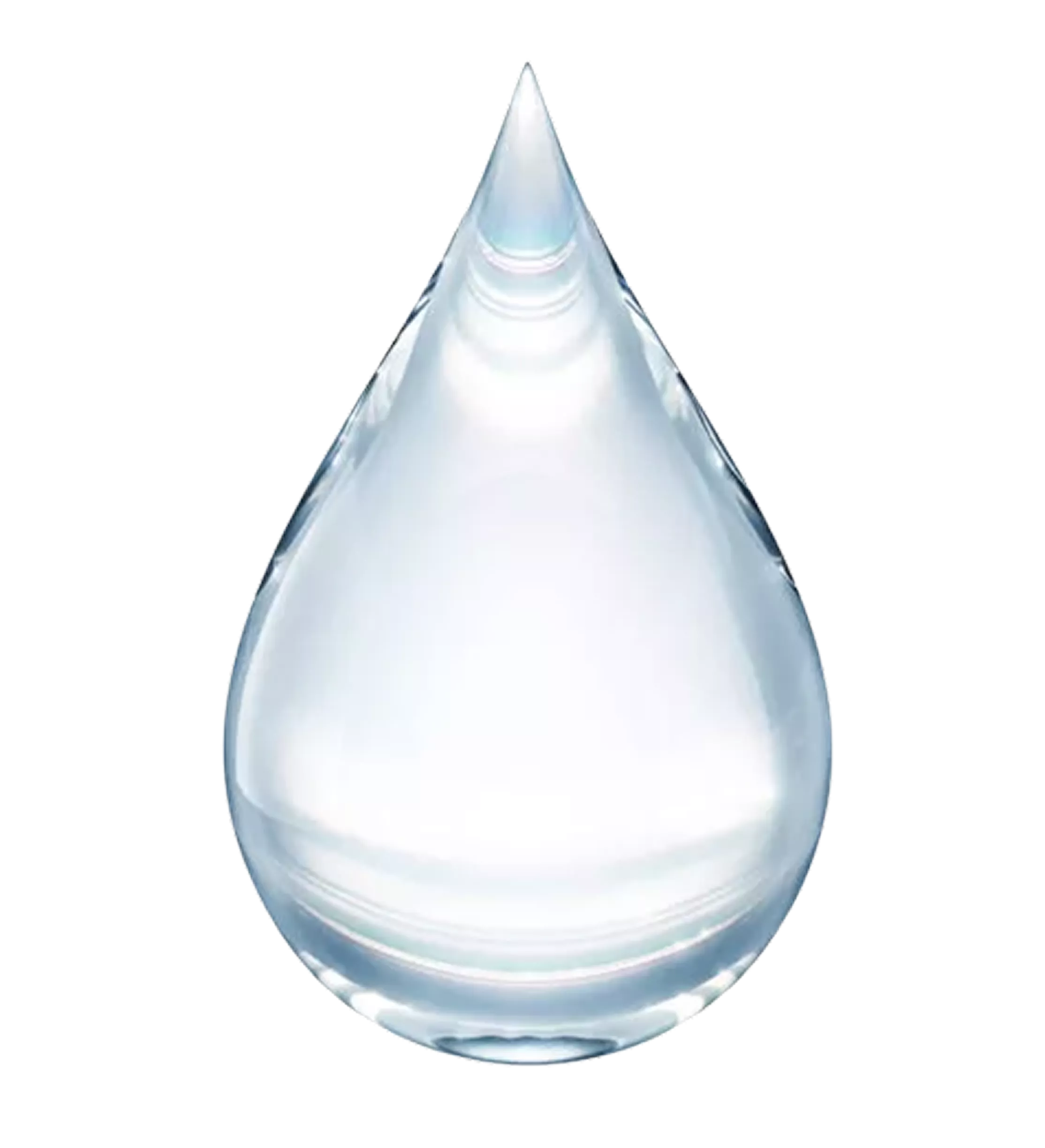A photorealistic rendering of a single, clear teardrop-shaped drop of water against a white background.