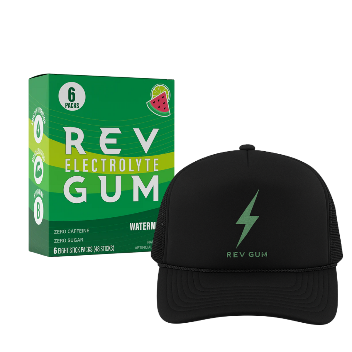 watermelon lime 6 pack and black trucker hat