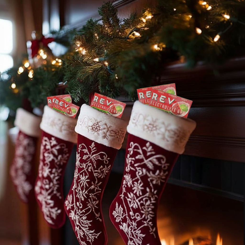 Three red stockings with embroidery hanging above a fireplace.