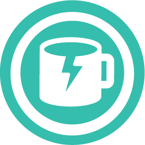 Teal circle with a white coffee mug and lightning bolt icon.