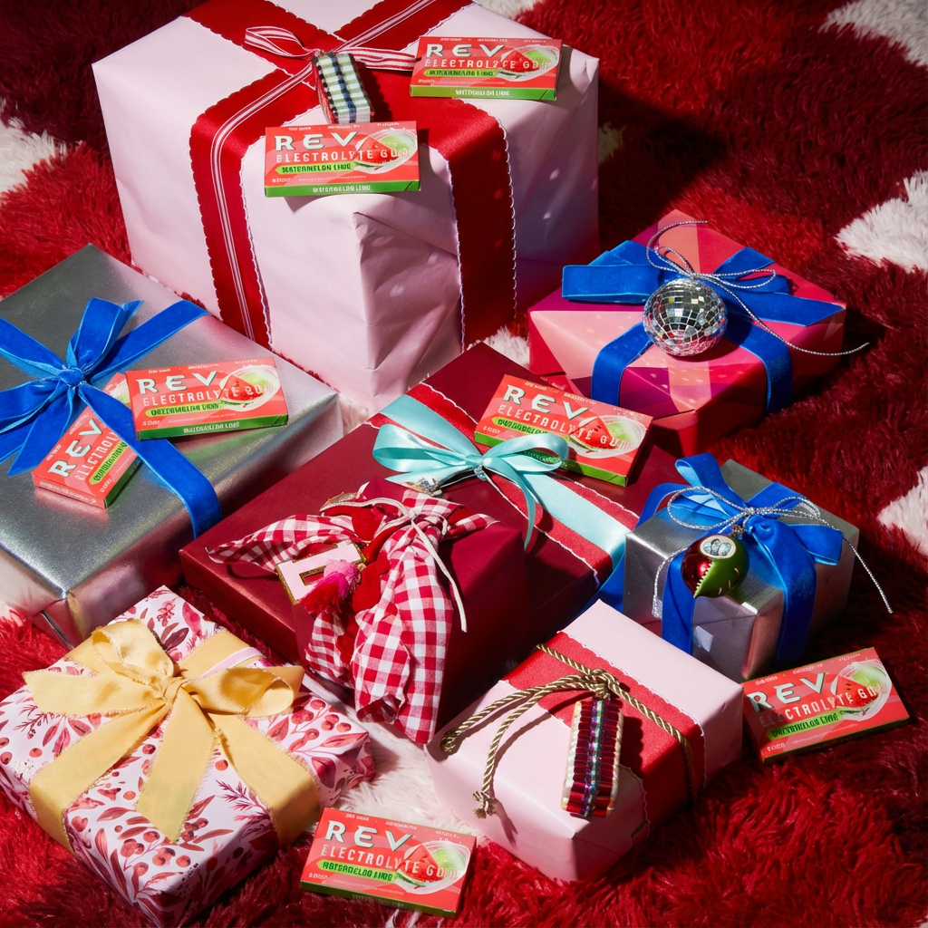 Colorful wrapped gifts with REV gum packs on a red and white fuzzy surface.
