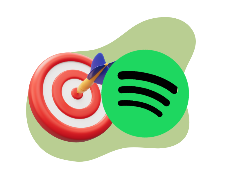 The Spotify logo next to a target with a dart hitting the bullseye on an abstract green background.