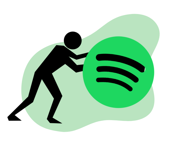 Silhouette pushing a large green circle with black curves.