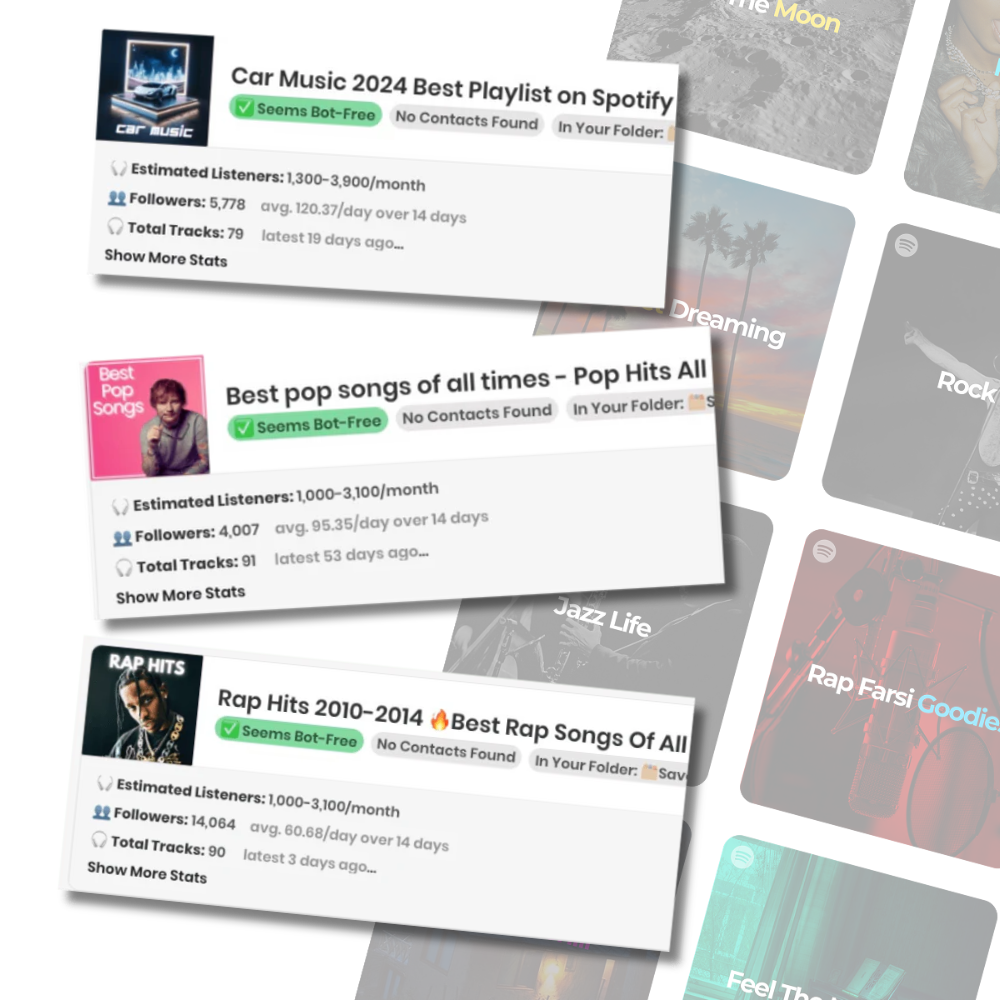 Three Spotify playlist cards with listener statistics on a dark background.