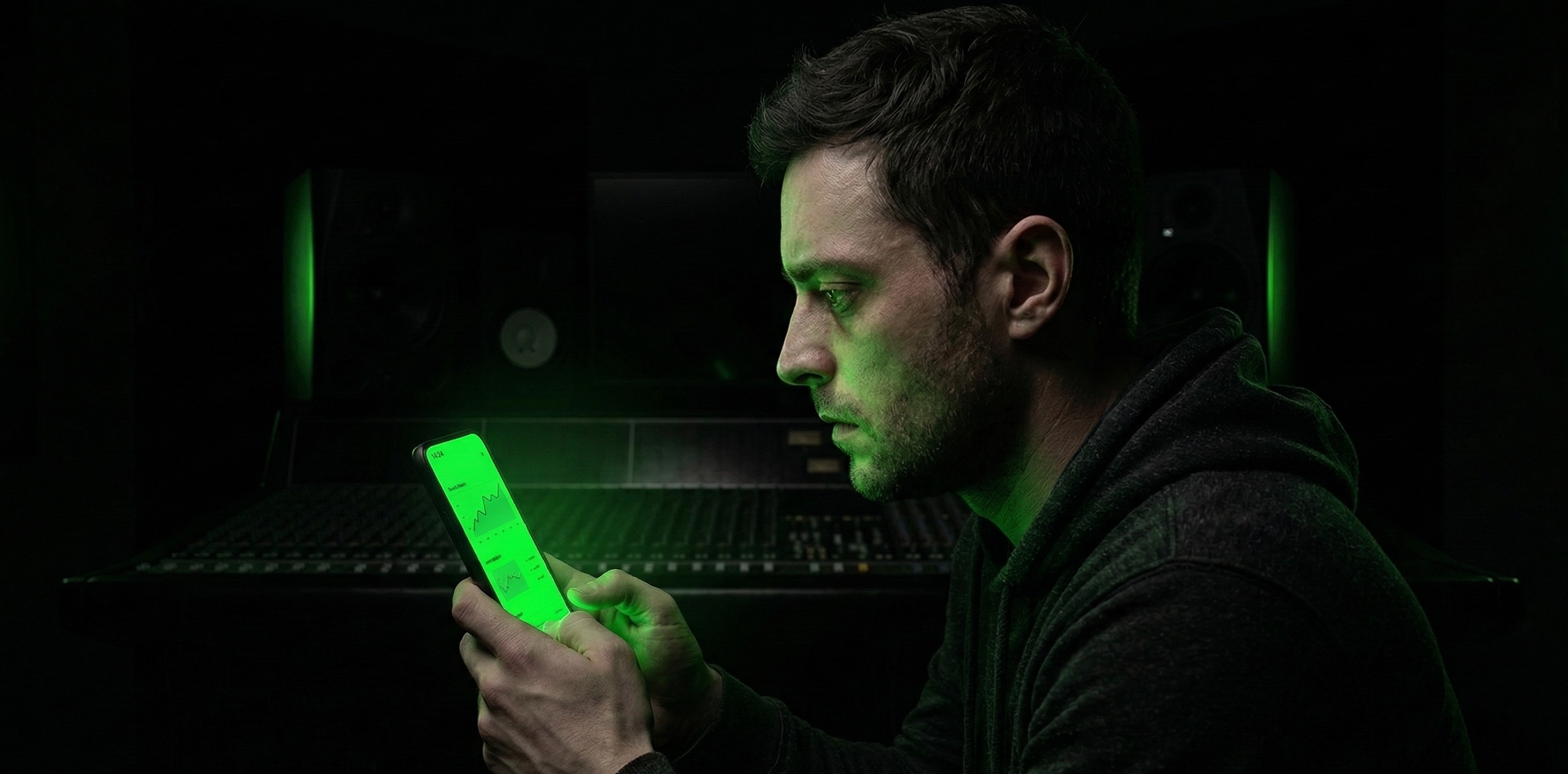 A man in a dark room looks at a smartphone, his face lit by its glowing green screen.