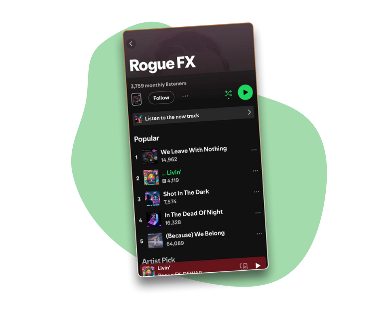A music streaming app interface showing a playlist by Rogue FX with popular tracks listed.