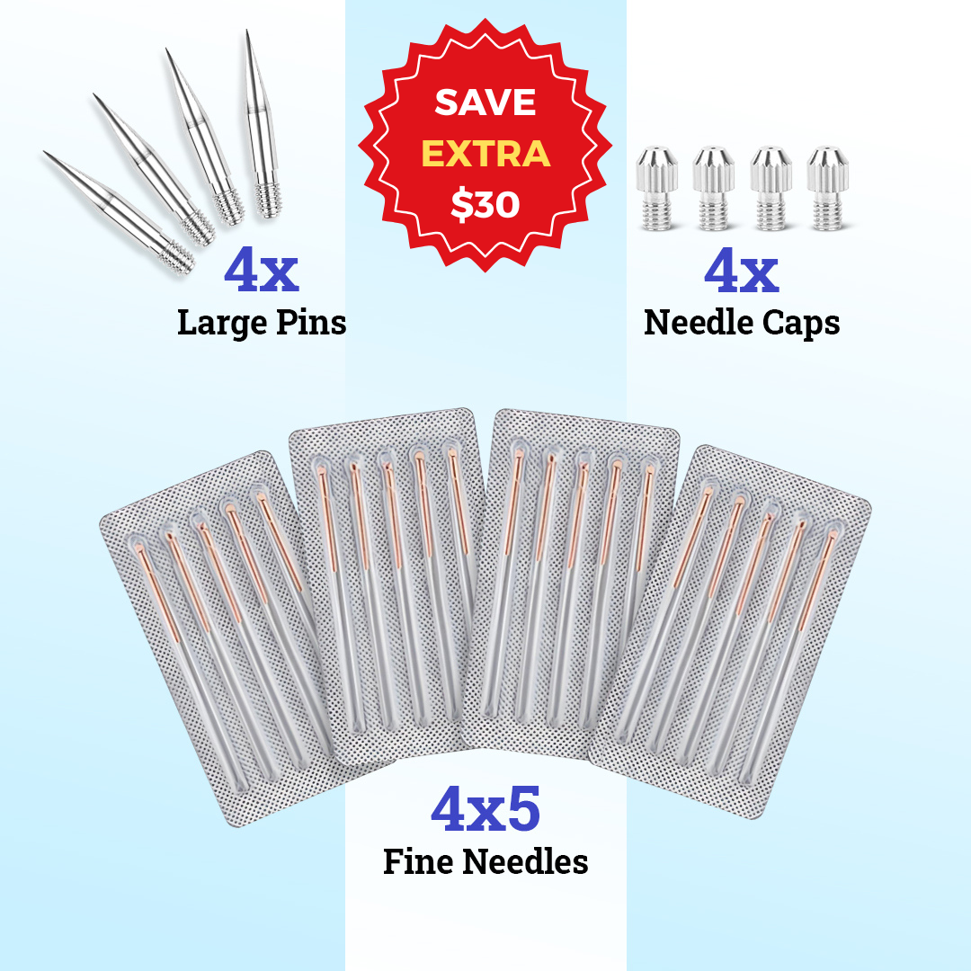 Image of needles, large pins, and needle caps with a save $30 label.
