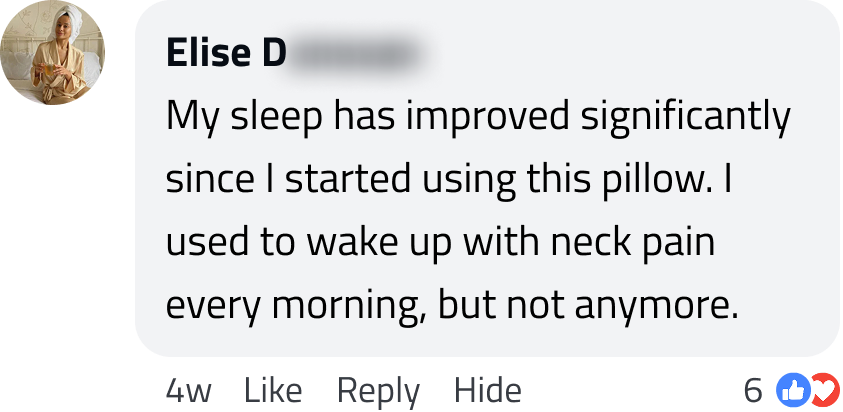A comment praising a pillow for improving sleep and reducing neck pain.