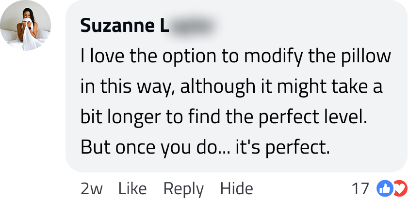 Comment with a profile picture showing a person holding a pillow in bed.