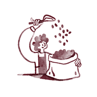Illustration of a person filling a bag of coffee beans with a scoop in hand.