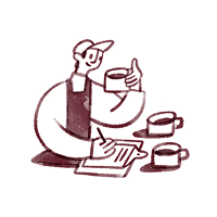Illustration of a person sipping from different cups of coffee and taking down notes.