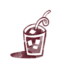 Illustration of a drink with ice cubes and a straw.
