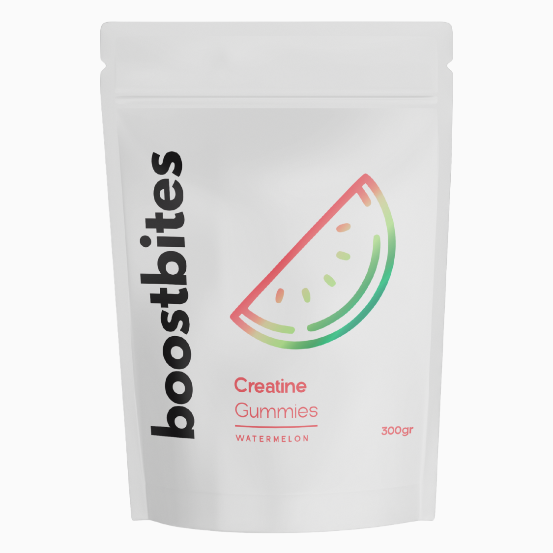 Weißer Beutel mit der Aufschrift "boostbites Creatine Gummies Watermelon" und einer Abbildung einer Wassermelonenscheibe.