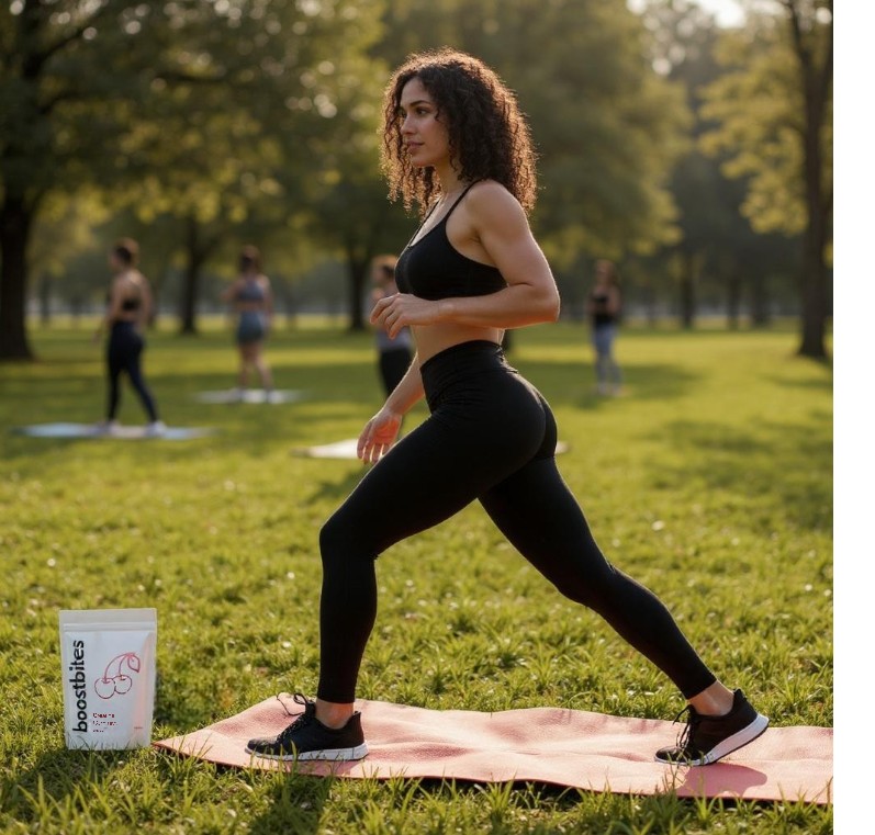 Frau übt auf einer Yogamatte in einem Park mit anderen im Hintergrund.
